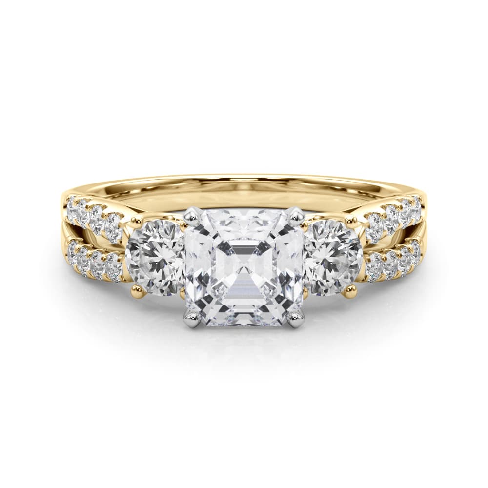 Three Stone Engagement Ring with Split Shank, style 84277, On hand view in yellow gold
