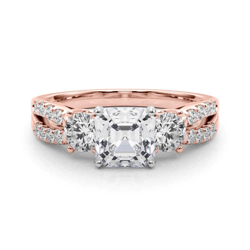Three Stone Engagement Ring with Split Shank, style 84277, On hand view in rose gold