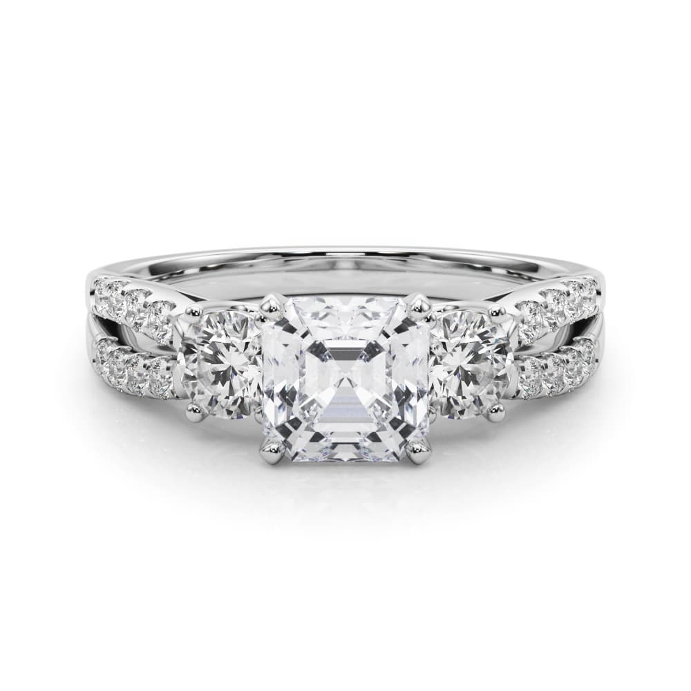 Three Stone Engagement Ring with Split Shank, style 84277, On hand view in white gold or platinum