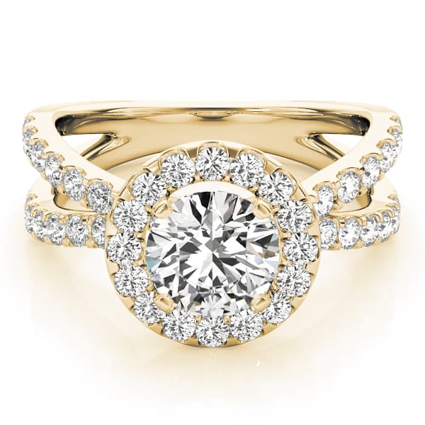 Split Shank Halo Round Engagement Ring, style 84322, On hand view in yellow gold