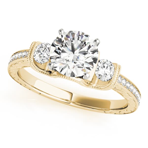 3-Stone Milgrain Round Engagement Ring, style 84327, Front view in yellow gold