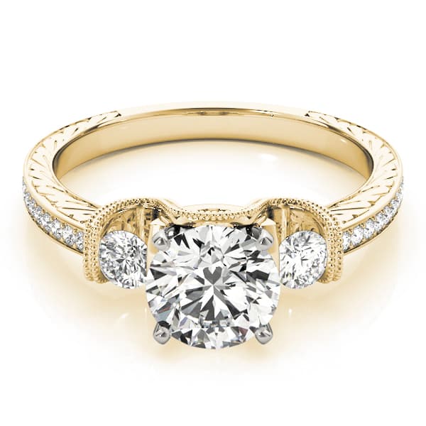 3-Stone Milgrain Round Engagement Ring, style 84327, On hand view in yellow gold