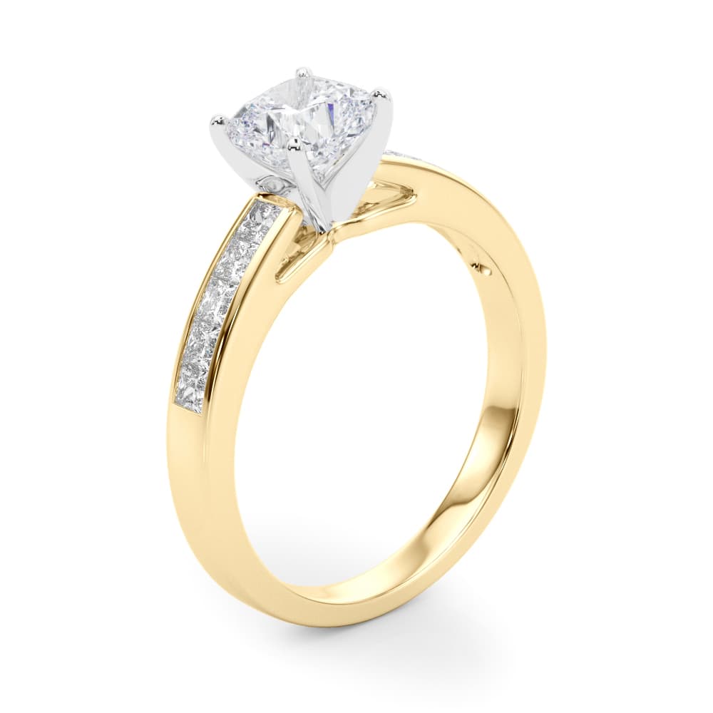 Channel Set Princess-Cut Solitaire Engagement Ring, style 84364, Angle view in yellow gold