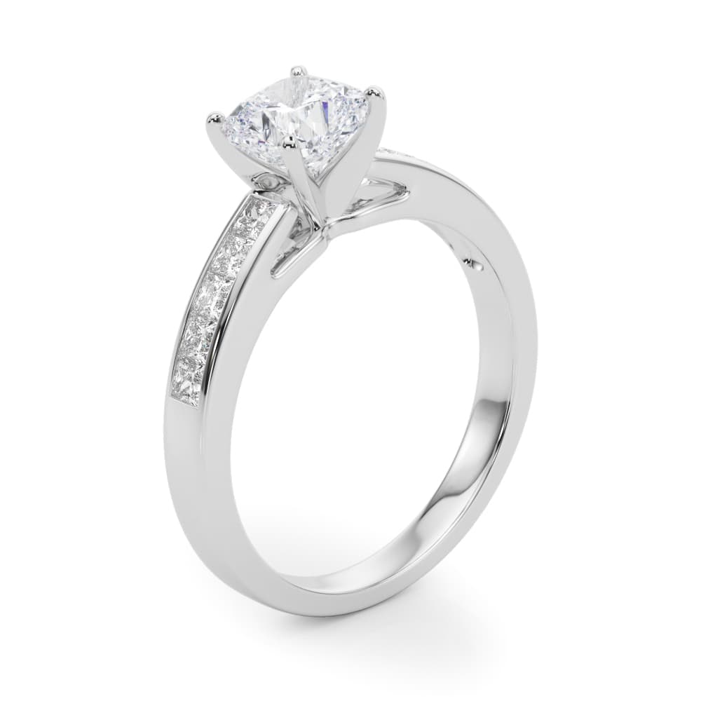 Channel Set Princess-Cut Solitaire Engagement Ring, style 84364, Angle view in white gold or platinum