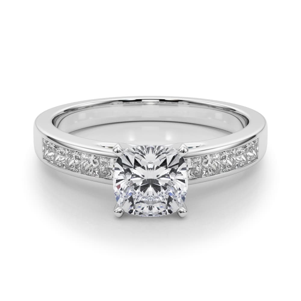 Channel Set Princess-Cut Solitaire Engagement Ring, style 84364, On hand view in white gold or platinum