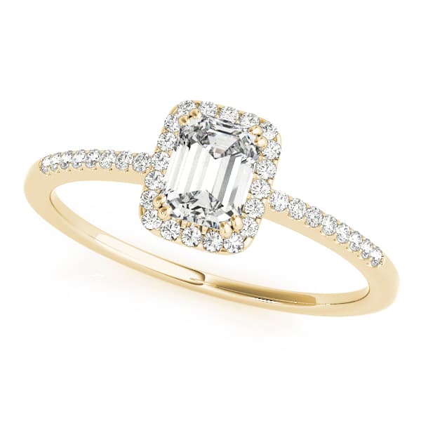 Single Row Halo Emerald Cut Engagement Ring, style 84373, Front view in yellow gold
