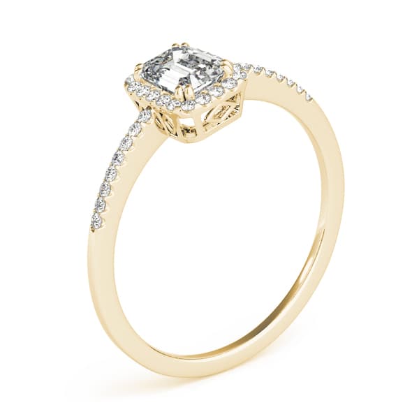 Single Row Halo Emerald Cut Engagement Ring, style 84373, Angle view in yellow gold