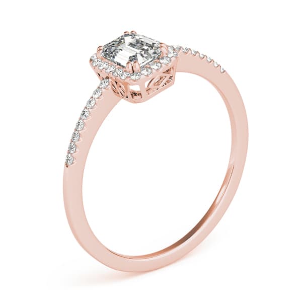 Single Row Halo Emerald Cut Engagement Ring, style 84373, Angle view in rose gold