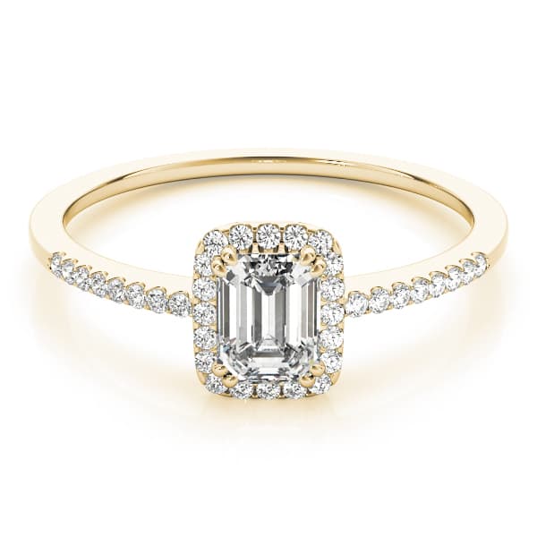Single Row Halo Emerald Cut Engagement Ring, style 84373, On hand view in yellow gold