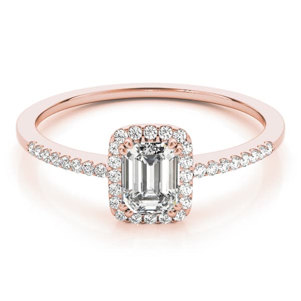 Single Row Halo Emerald Cut Engagement Ring, style 84373, On hand view in rose gold