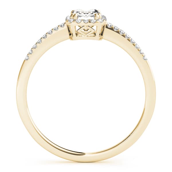 Single Row Halo Emerald Cut Engagement Ring, style 84373, Side view in yellow gold