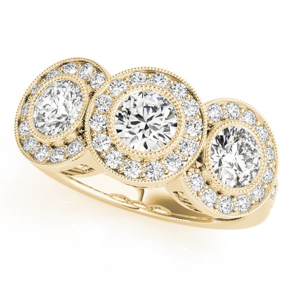 3-Stone Bezel Set Milgrain Halo Engagement Ring, style 84448, Front view in yellow gold