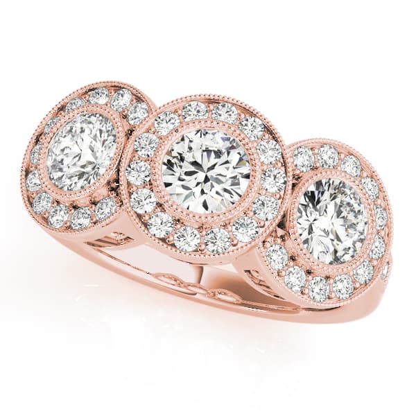 3-Stone Bezel Set Milgrain Halo Engagement Ring, style 84448, Front view in rose gold
