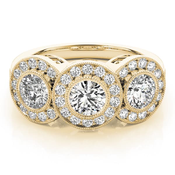 3-Stone Bezel Set Milgrain Halo Engagement Ring, style 84448, On hand view in yellow gold