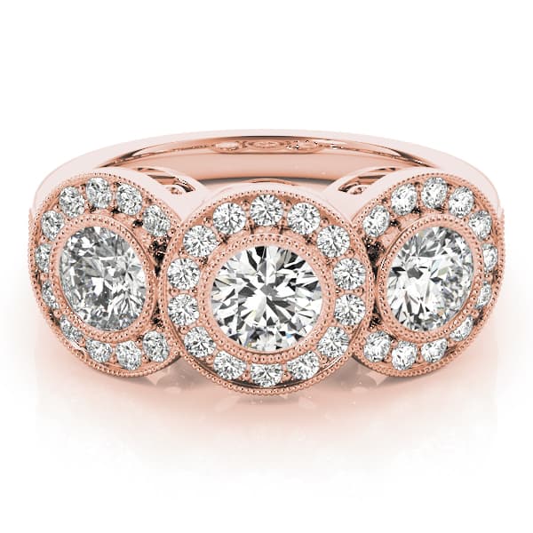 3-Stone Bezel Set Milgrain Halo Engagement Ring, style 84448, On hand view in rose gold