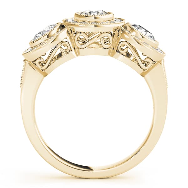 3-Stone Bezel Set Milgrain Halo Engagement Ring, style 84448, Side view in yellow gold