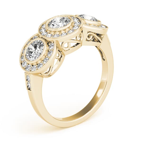 3-Stone Bezel Set Milgrain Halo Engagement Ring, style 84448, Top view in yellow gold