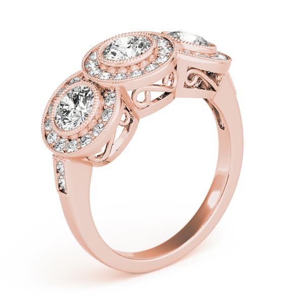 3-Stone Bezel Set Milgrain Halo Engagement Ring, style 84448, Top view in rose gold