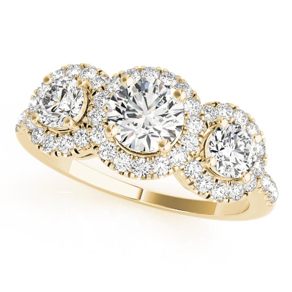 3-Stone Halo Split Prong Engagement Ring, style 84449, Front view in yellow gold
