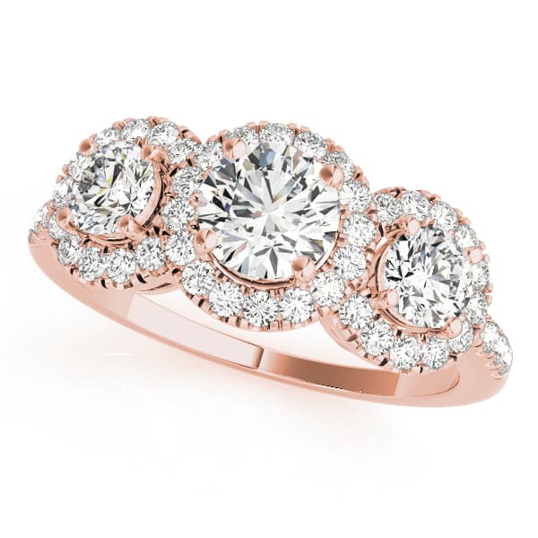 3-Stone Halo Split Prong Engagement Ring, style 84449, Front view in rose gold