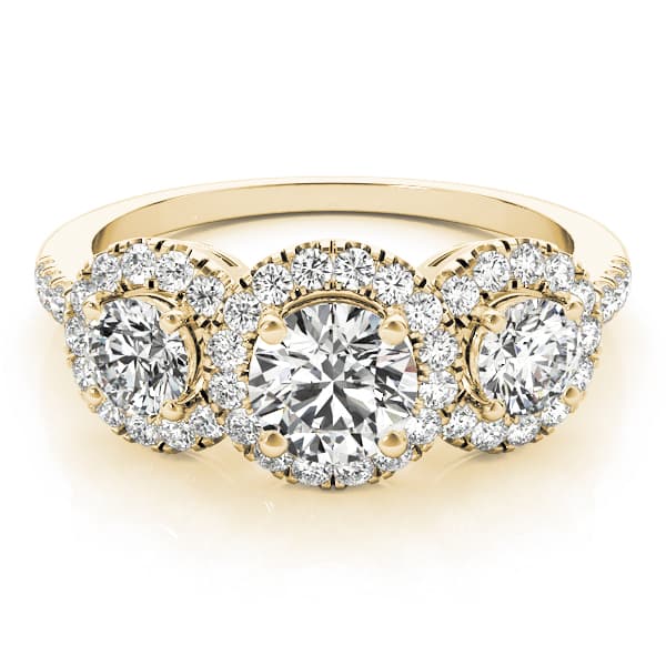 3-Stone Halo Split Prong Engagement Ring, style 84449, On hand view in yellow gold