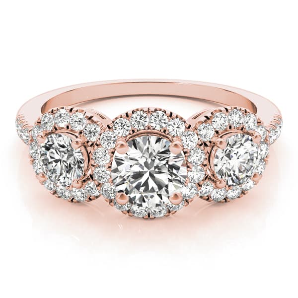 3-Stone Halo Split Prong Engagement Ring, style 84449, On hand view in rose gold