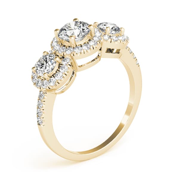 3-Stone Halo Split Prong Engagement Ring, style 84449, Top view in yellow gold
