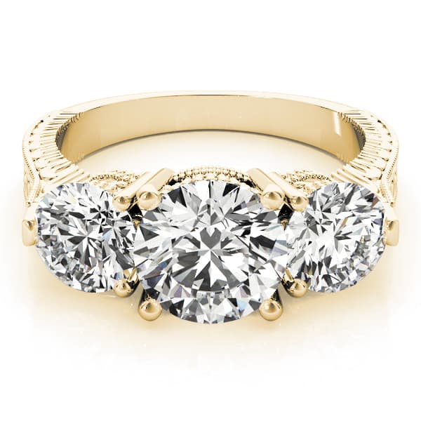 3 Stone Round Engagement Ring, style 84462, On hand view in yellow gold