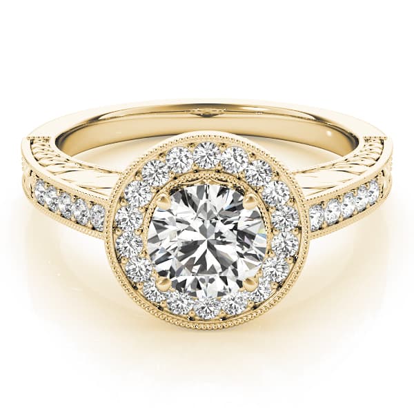 Halo Round Engagement Ring, style 84509, On hand view in yellow gold