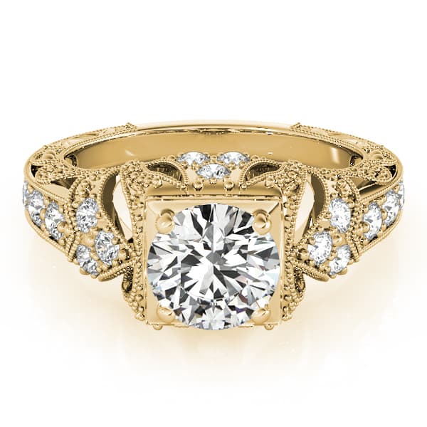 Antique Milgrain Round Engagement Ring, style 84516, On hand view in yellow gold