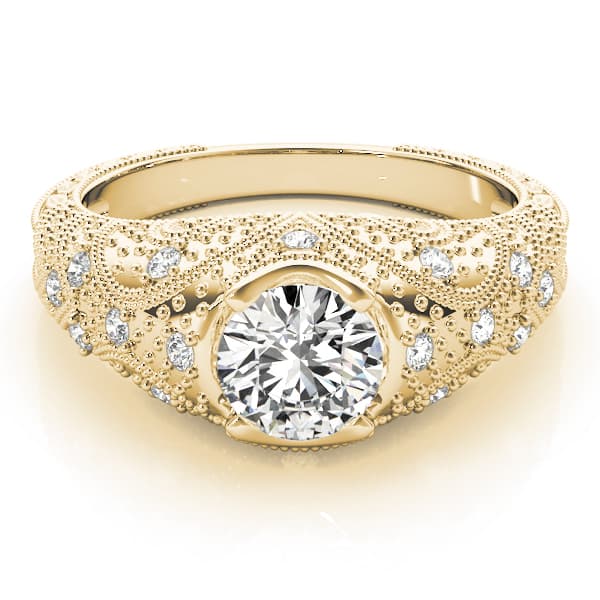 Antique Bezel Set Round Engagement Ring, style 84521, On hand view in yellow gold