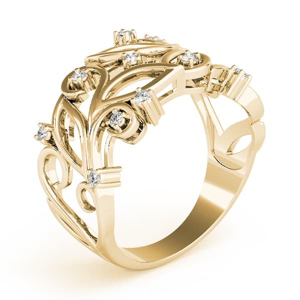 Nature Inspired Filigree Floral Wedding Rings (0.16 ct. tw.), Angle view in yellow gold