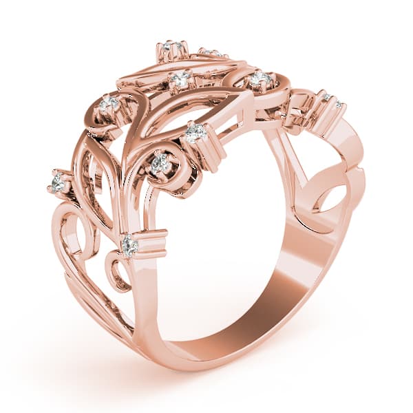 Nature Inspired Filigree Floral Wedding Rings (0.16 ct. tw.), Angle view in rose gold