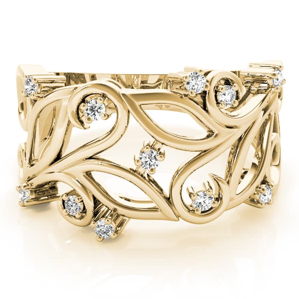 Nature Inspired Filigree Floral Wedding Rings (0.16 ct. tw.), On hand view in yellow gold
