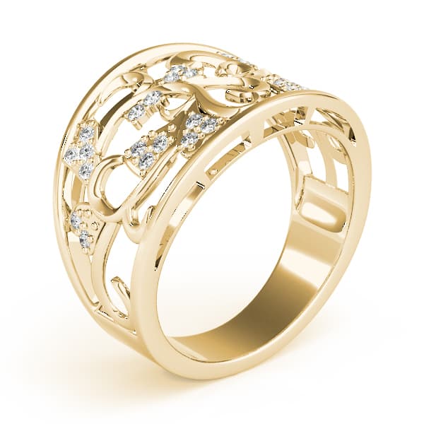 Filigree Heart Shaped Wedding Rings (0.15 ct. tw.), Angle view in yellow gold
