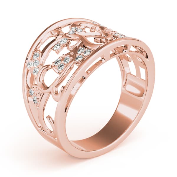 Filigree Heart Shaped Wedding Rings (0.15 ct. tw.), Angle view in rose gold