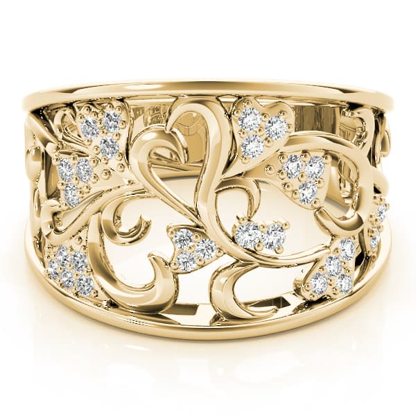 Filigree Heart Shaped Wedding Rings (0.15 ct. tw.), On hand view in yellow gold