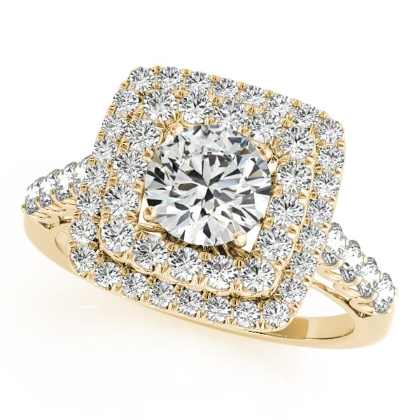 Single Row Double Halo U-Prong Engagement Ring, style 84586, Front view in yellow gold