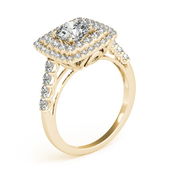 Single Row Double Halo U-Prong Engagement Ring, style 84586, Angle view in yellow gold