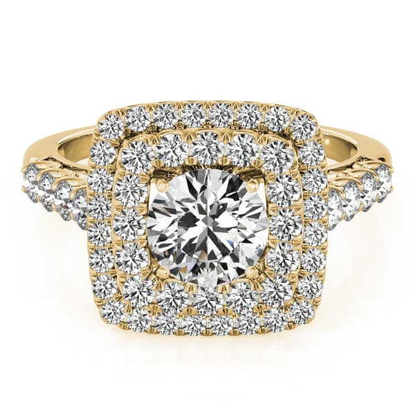 Single Row Double Halo U-Prong Engagement Ring, style 84586, On hand view in yellow gold