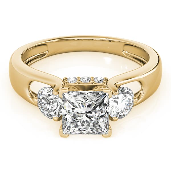 3-Stone Hidden Halo Engagement Ring, style 84597, On hand view in yellow gold