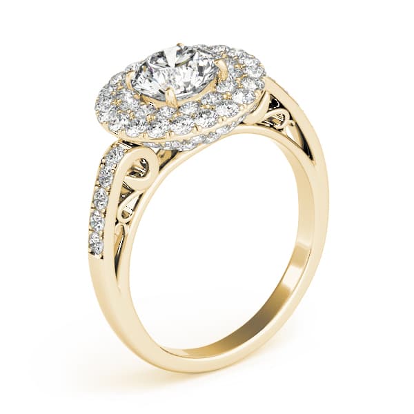 Single Row Double Halo Filigree Engagement Ring, style 84598, Angle view in yellow gold