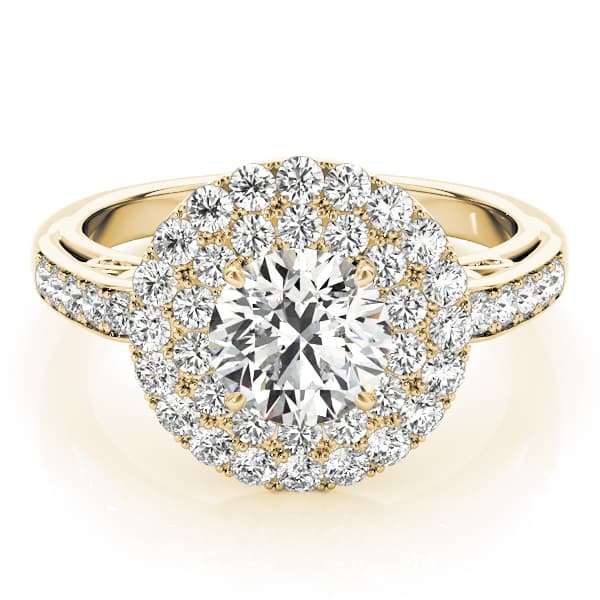 Single Row Double Halo Filigree Engagement Ring, style 84598, On hand view in yellow gold