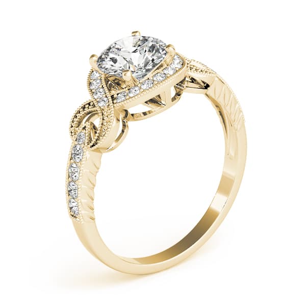 Twisted Shank Round Halo Milgrain Engagement Ring, style 84639, Angle view in yellow gold