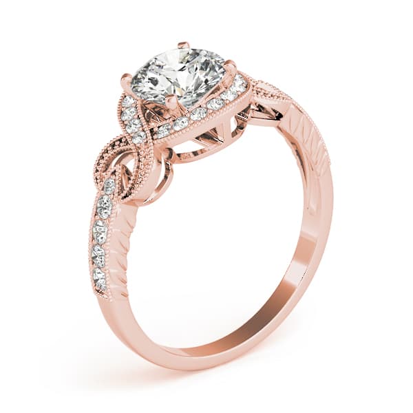 Twisted Shank Round Halo Milgrain Engagement Ring, style 84639, Angle view in rose gold
