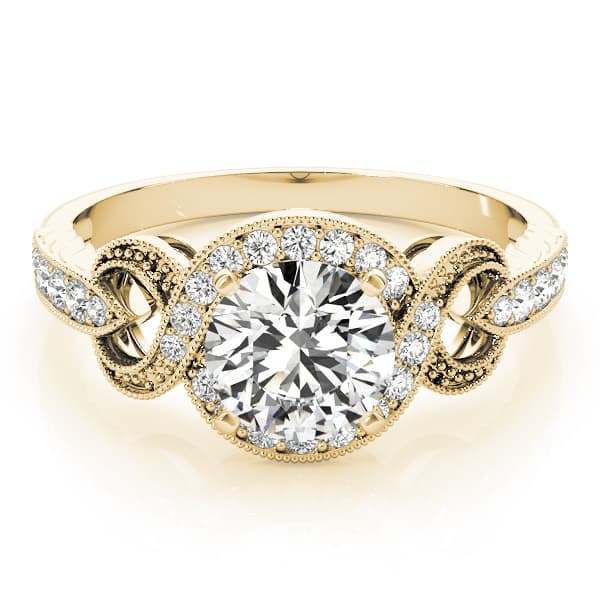 Twisted Shank Round Halo Milgrain Engagement Ring, style 84639, On hand view in yellow gold