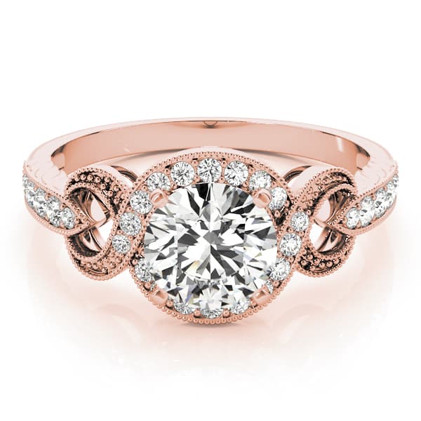 Twisted Shank Round Halo Milgrain Engagement Ring, style 84639, On hand view in rose gold