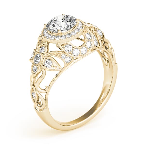 Vintage Inspired Halo Engagement Ring, style 84672, Angle view in yellow gold