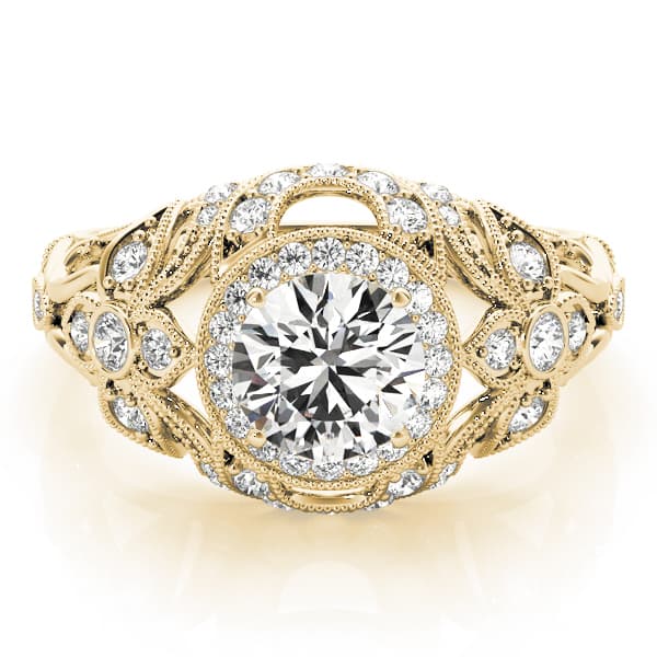 Vintage Inspired Halo Engagement Ring, style 84672, On hand view in yellow gold