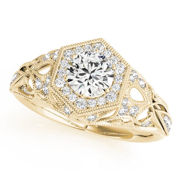 Vintage Milgrain Halo Hexagon Shaped Engagement Ring, style 84676, Front view in yellow gold